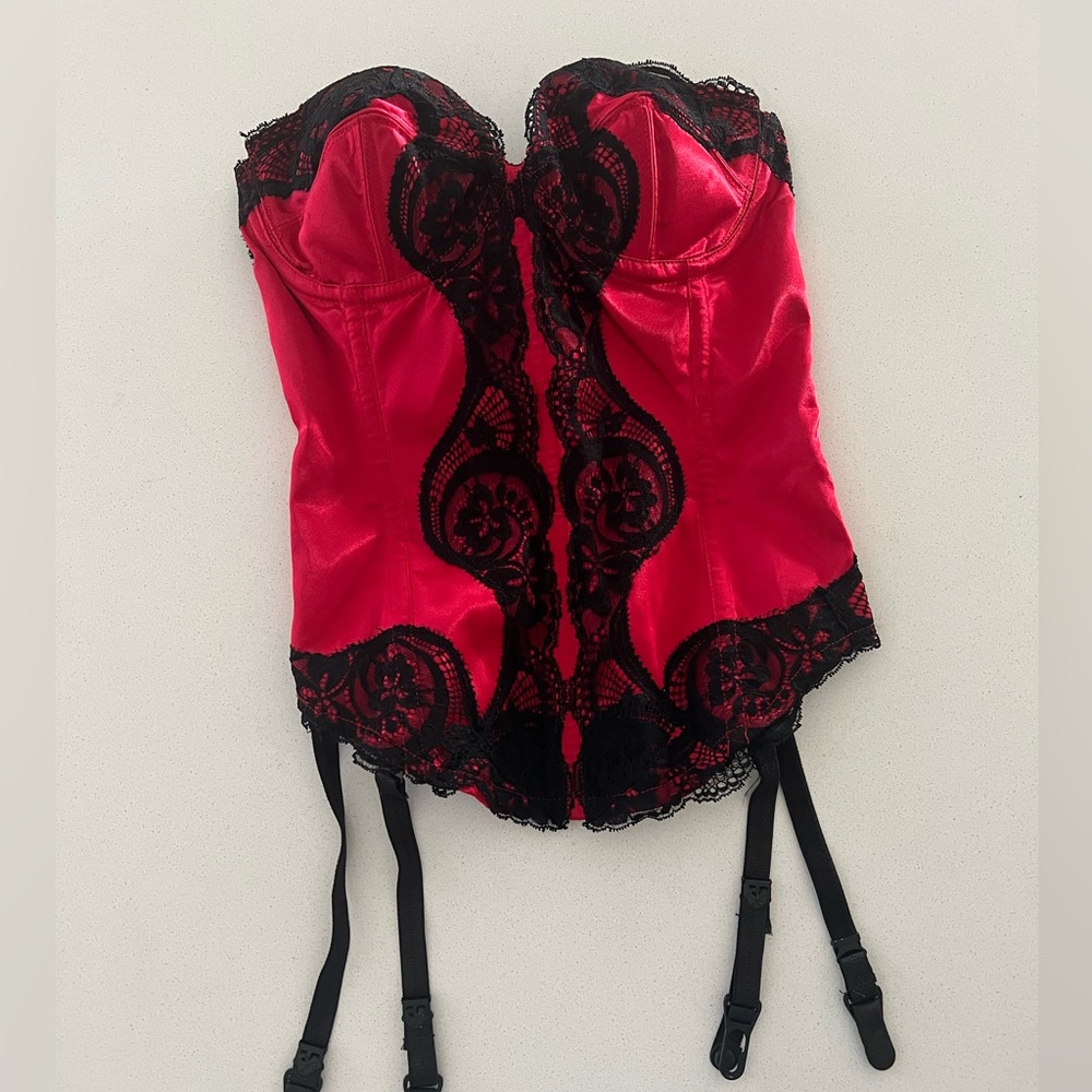 Red Satin Bustier |  Black Lace & garters sexy like new condition honeymoon